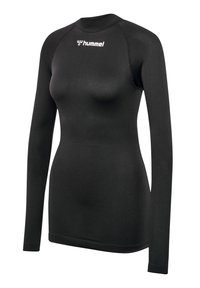 Czarny, długi rękaw sportowy top, wykonany z gładkiego, elastycznego materiału. Posiada okrągły dekolt i minimalny logo na klatce piersiowej.