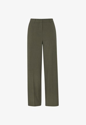 Olijfgroene, wijde broek met een gladde textuur. Heeft een platte voorkant, riemlussen en geen zichtbare hardware. Perfecte pasvorm.