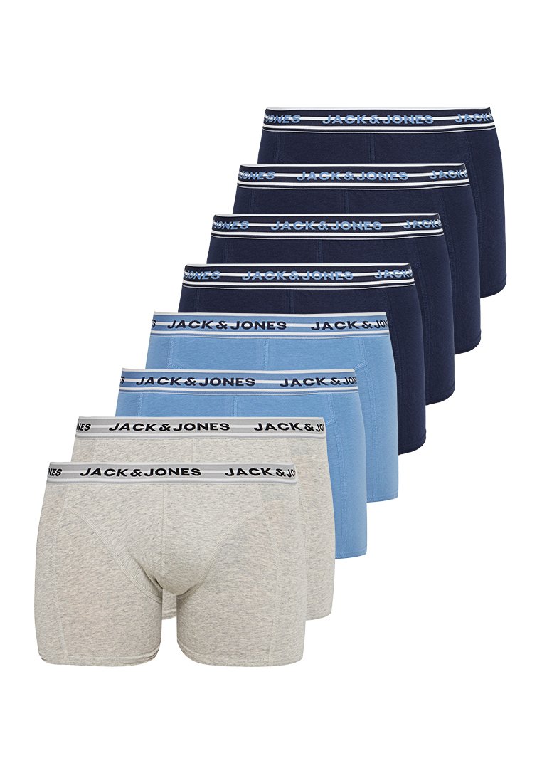 Ensemble de huit sous-vêtements pour hommes en mélange de coton, dans des nuances de bleu et de gris, avec des ceintures élastiques affichant le texte "JACK & JONES".