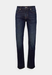 Tmavě modré džíny z denimu se střihem rovného nohavice, s kontrastním prošíváním a klasickým zapínáním na knoflík a zip.