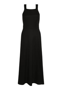 Vestido largo negro con un corsé ajustado, escote cuadrado y tirantes de hombro texturizados. Fluido hasta el suelo con una tela suave y lisa.