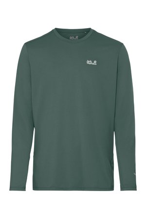 Maglia verde scuro a manica lunga con scollo rotondo, logo bianco di Jack Wolfskin sul petto e testo discreto sulla parte inferiore della manica.