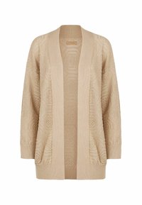 Beige kofta med en texturerad stickad design, öppen front, långa ärmar och två framfickor. Tyget har en mjuk och mysig känsla.