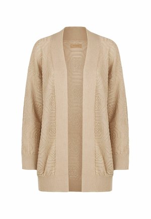 Beige kofta med en texturerad stickad design, öppen front, långa ärmar och två framfickor. Tyget har en mjuk och mysig känsla.