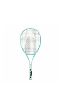 Light blue tennis racket with a rounded head, black stringing pattern, and a white handle featuring black branding text.