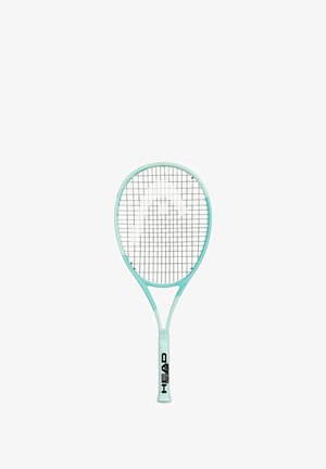 Light blue tennis racket with a rounded head, black stringing pattern, and a white handle featuring black branding text.