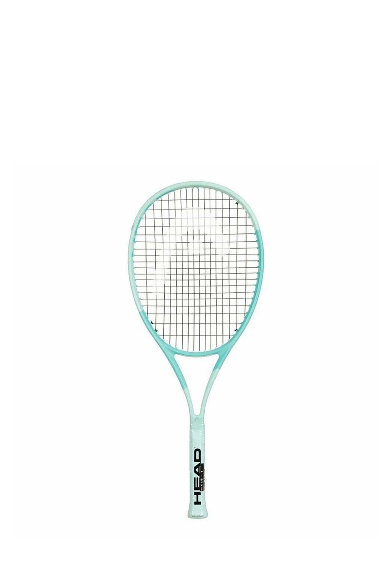 Light blue tennis racket with a rounded head, black stringing pattern, and a white handle featuring black branding text.