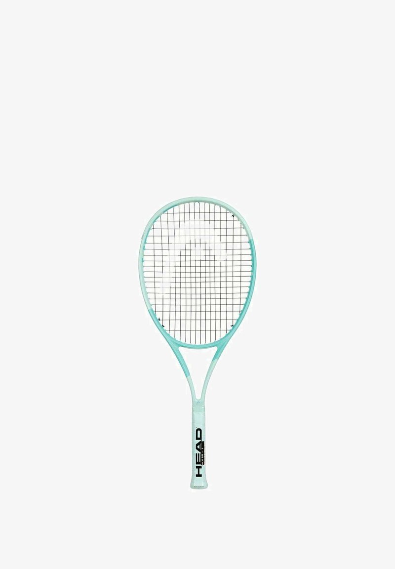 Light blue tennis racket with a rounded head, black stringing pattern, and a white handle featuring black branding text.