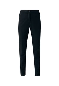 Pantalones negros a medida con un diseño de pierna recta, cierre de botón en la cintura y una textura de tela suave. Sin patrones distintivos.