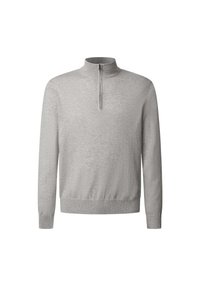 Grauer Pullover mit hohem Kragen und einem Viertelreißverschluss, ausgestattet mit gerippten Bündchen und Saum, aus einem weichen, strukturierten Stoff gefertigt.