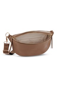 Borsa a tracolla in pelle marrone con forma curva, zip dorata e tracolla in tessuto con logo. Interno foderato in tessuto neutro.