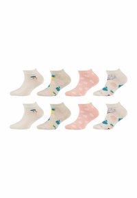 Set di otto calzini alla caviglia in vari colori pastello. Caratteristiche includono motivi floreali, pois e un materiale morbido e testurizzato.