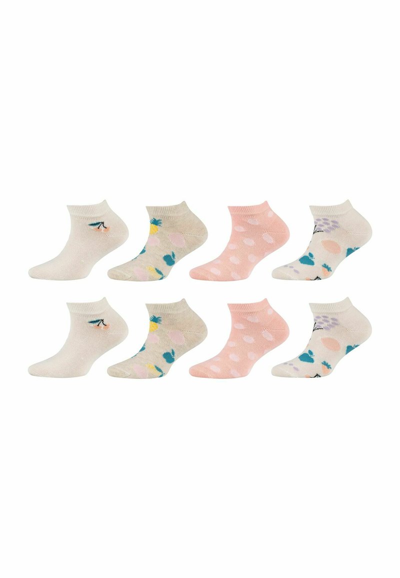 Set di otto calzini alla caviglia in vari colori pastello. Caratteristiche includono motivi floreali, pois e un materiale morbido e testurizzato.
