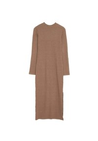 Abito lungo in maglia a costine di un caldo marrone. Presenta un collo alto e maniche lunghe con spacchi laterali, offrendo una vestibilità rilassata.