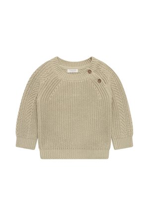 Beige gebreide babypullover met lange mouwen, twee houten knopen nabij de ronde halslijn en geribbelde boorden en zoom.