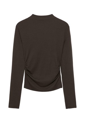 Pitkähihainen ruskea paita, jossa pyöreä pääntie ja sivussa kerätty yksityiskohta, valmistettu sileästä, joustavasta materiaalista.