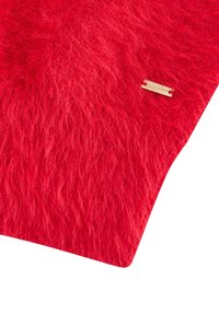 Superficie rossa e textured con un aspetto morbido. Presenta un piccolo etichetta metallica con il marchio "Woolly & Wylde." Forma rettangolare.