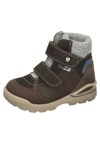Brun høj-top sko med Velcro-stropper, struktureret overflade, grå fleece-foring og tan gummisål. Har en lille blå accent på siden.