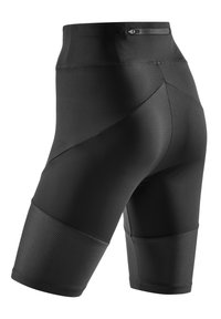 Czarne rowerowe szorty z wysokim stanem, z teksturowanymi mankietami na nogawkach i małą kieszonką na suwak w pasie.