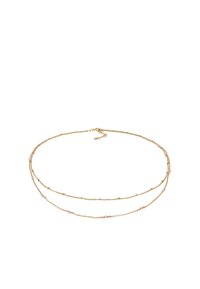 Collana a strati in tonalità oro con catene delicate, piccole perline rosa e chiusura a gancio. Design semplice ed elegante con una finitura testurizzata.