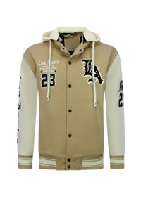 Beige en witte gewatteerde jas met kap, gebreide manchetten, drukknoopsluiting, printdetails en contrasterende mouwen. Voorzien van 'LA' en nummer '23' versieringen.