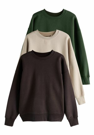 Tre sweatshirts i mörkbrown, beige och mörkgrön. Varje tröja har en rundad halsringning, långa ärmar och en mjuk textur.