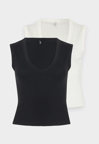 Deux hauts sans manches à col en V, un noir et un blanc. Chacun présente une coupe ajustée avec une texture lisse et une étiquette au niveau de l'encolure.