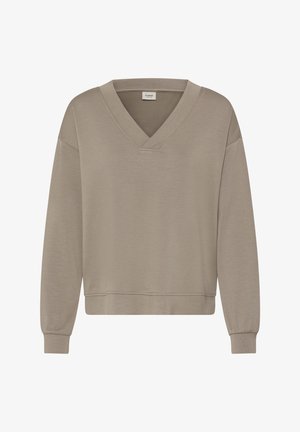 Taupe pikkade varrukatega pullover V-kaelusega, soonikkoes mansettide ja äärega, valgel taustal.