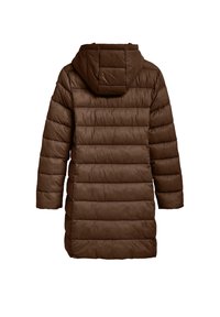Brun puffjacka med huva, med ett quiltämt mönster och långa ärmar. Tyget har en slät yta och är medellång.