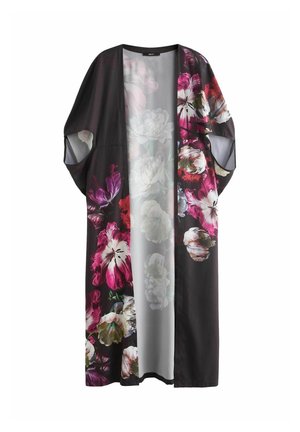 Black open-front kimono with loose sleeves, featuring large pink, white, and red floral prints on front and sleeves.