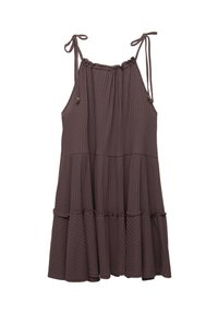 Brown, sleeveless dress with adjustable tie straps, ribbed texture, tiered design, and gathered waist detail. Casual, flowy silhouette.