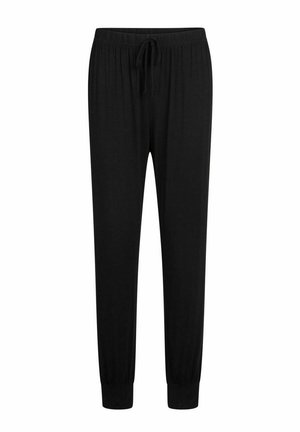 Fekete loungewear nadrág, puha anyagból készült, rugalmas derékkal és zsinórral, az alsó szegélye pedig szűkített a bokánál.