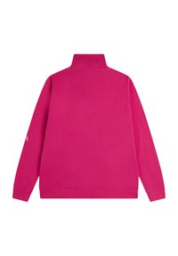 Sweat-shirt rose fuchsia à col montant avec des manches longues, une texture lisse et un petit logo sur la manche gauche. Pas de fermeture visible.