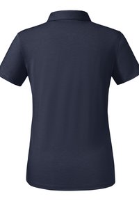 Dunkelblaues Polohemd mit klassischem Kragen, kurzen Ärmeln und glatter Textur. Verfügt über einen geraden Saum und subtile Steppdetails.