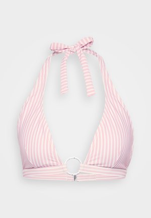 Top de biquíni halter listrado em rosa e branco com formato triangular, tecido suave e um detalhe metálico redondo prateado ao centro.