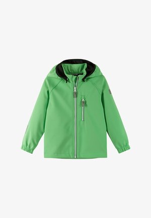 Vihreä pehmeäkuorinen takki, jossa on mustilla reunoilla varustettu huppu, kokopitkä vetoketju, joustavat hihansuut ja sivutasku. Sileä pinta ja muotoiltu malli.