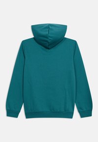 Μακρυμάνικο φούτερ με κουκούλα σε χρώμα τιρκουάζ με ριμπ μανσέτες και τελείωμα, εμφανίζεται από πίσω σε λευκό φόντο.