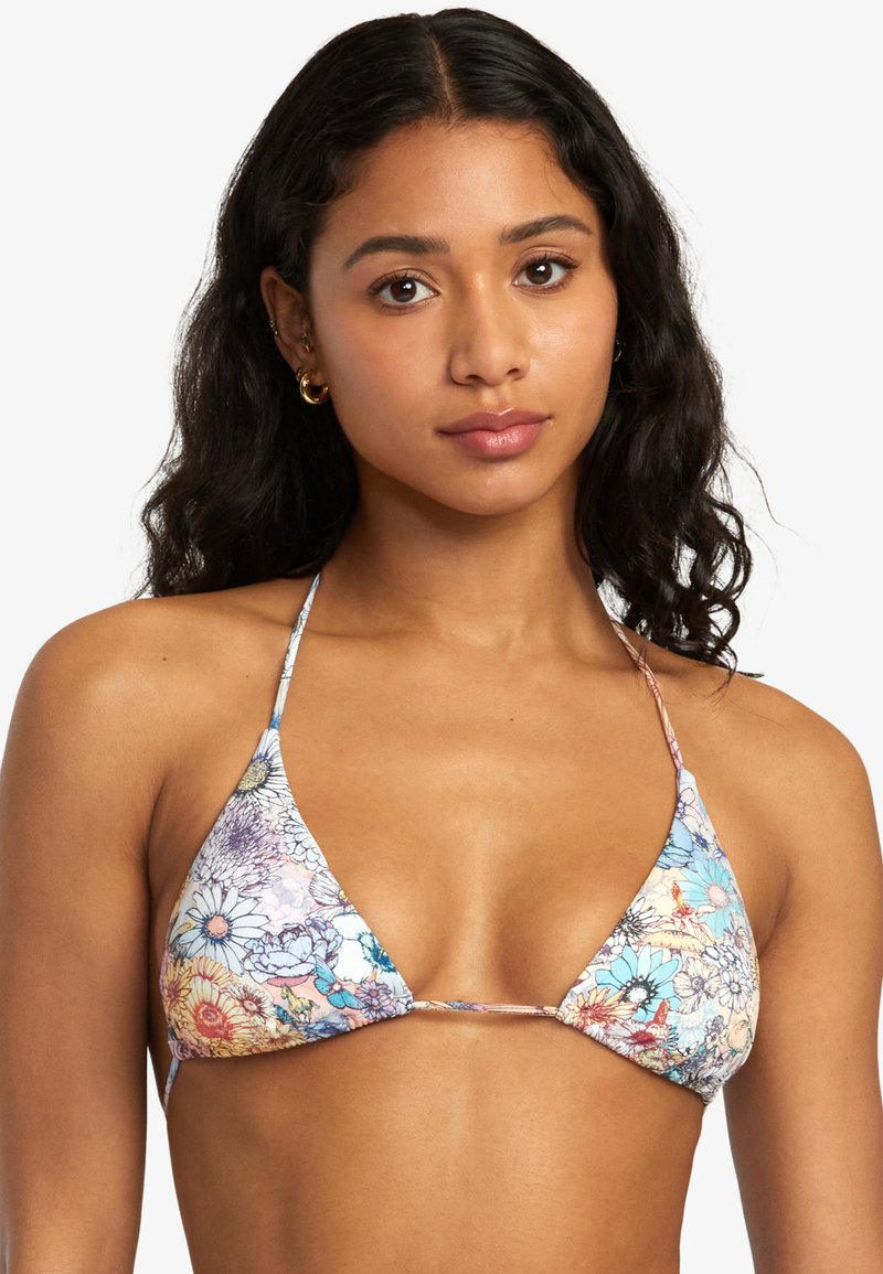 Top de bikini triangular con estampado floral multicolor. Fabricado en una tela lisa con tirantes finos y cierre de lazo en la parte posterior.