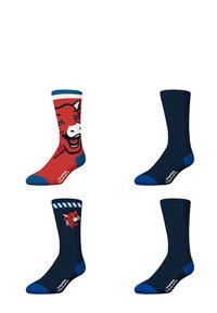Chaussettes colorées avec un design rouge et un motif de vache, des accents bleus, et une chaussette marine avec un logo de tête de vache et un haut rayé.