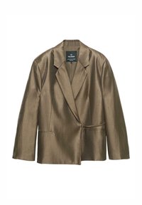 Blazer marron brillant avec revers crantés, manches longues et fermeture par lien latéral unique, présenté sur fond blanc.