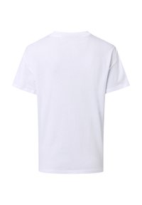 Witte katoenen t-shirt met korte mouwen, een ronde hals en een soepele structuur. De achterkant is eenvoudig zonder patronen of versieringen.