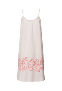 Vestido sin mangas de color rosa claro, hecho de tela suave, que presenta un escote fruncido y un intrincado bordado de hojas coral en el dobladillo.