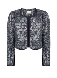 Marineblauwe textuurjacket met een metalen patroon, ronde halslijn en gouden knopen. Beschikt over lange mouwen en een cropped ontwerp.