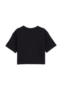 Svart kortärmad t-shirt i bomull med avslappnad passform, rund halsringning och en slät yta, med en enkel design utan utsmyckningar.