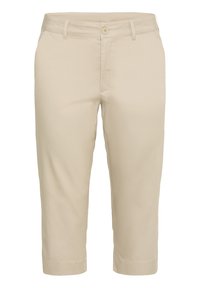 Beige capri pants made from cotton blend fabric. Features a button closure, belt loops, and cuffed hems. Smooth texture, slim fit design.
