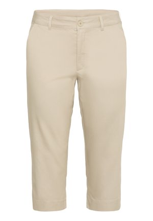 Bež hlače capri, izdelane iz mešanice bombaža. Imajo gumb za zapiranje, pasne zanke in manšete na koncih. Gladka tekstura, zasnova slim fit.