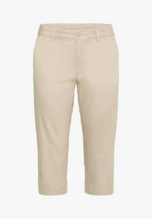 Bežové capri nohavice vyrobené z bavlnenej zmesi. Majú zapínanie na gombík, pútka na opasok a manžety na nohaviciach. Hladká textúra, úzky strih.