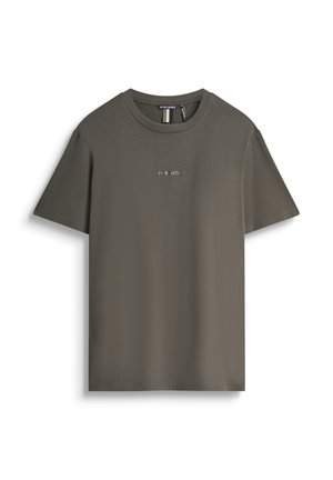 Ein einfarbiges olivgrünes Baumwoll-T-Shirt mit kurzen Ärmeln, Rundhalsausschnitt und kleinem, auf der Brustmitte gesticktem "MORATO" Textlogo.