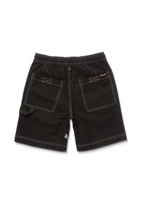 Shorts noirs avec des coutures blanches, présentant deux poches arrière avec un motif carré. Taille élastique avec une étiquette de marque sur le côté droit.