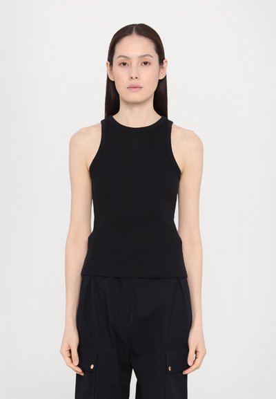 Débardeur noir sans manches en tissu extensible, avec un col rond et une silhouette ajustée. Design simple et minimaliste.